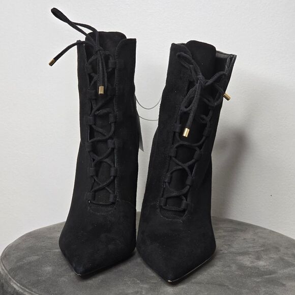 Good American Scandal Lace Up Stilleto Booties Faux Suede Black - Picture 5 of 9